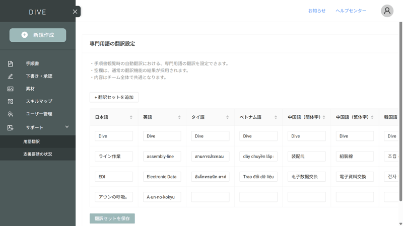 Dive翻訳用語集機能