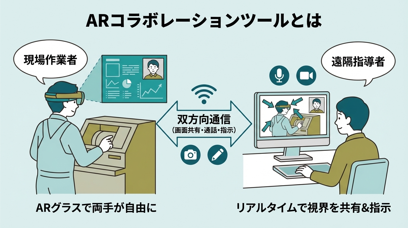ARグラスを装着した作業者が遠隔地の指導者と画面共有しながら作業している様子