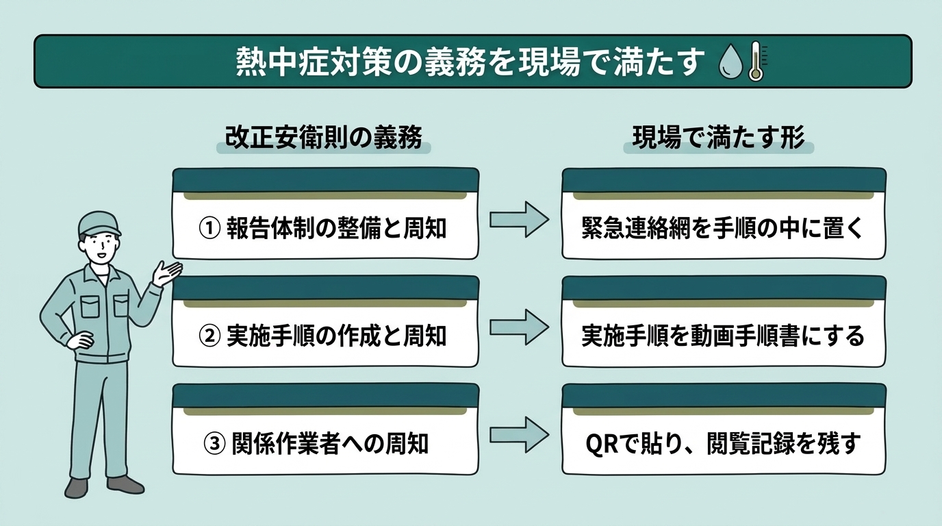 改正安衛則の3つの義務と、それを現場で満たす形を並べた対応図