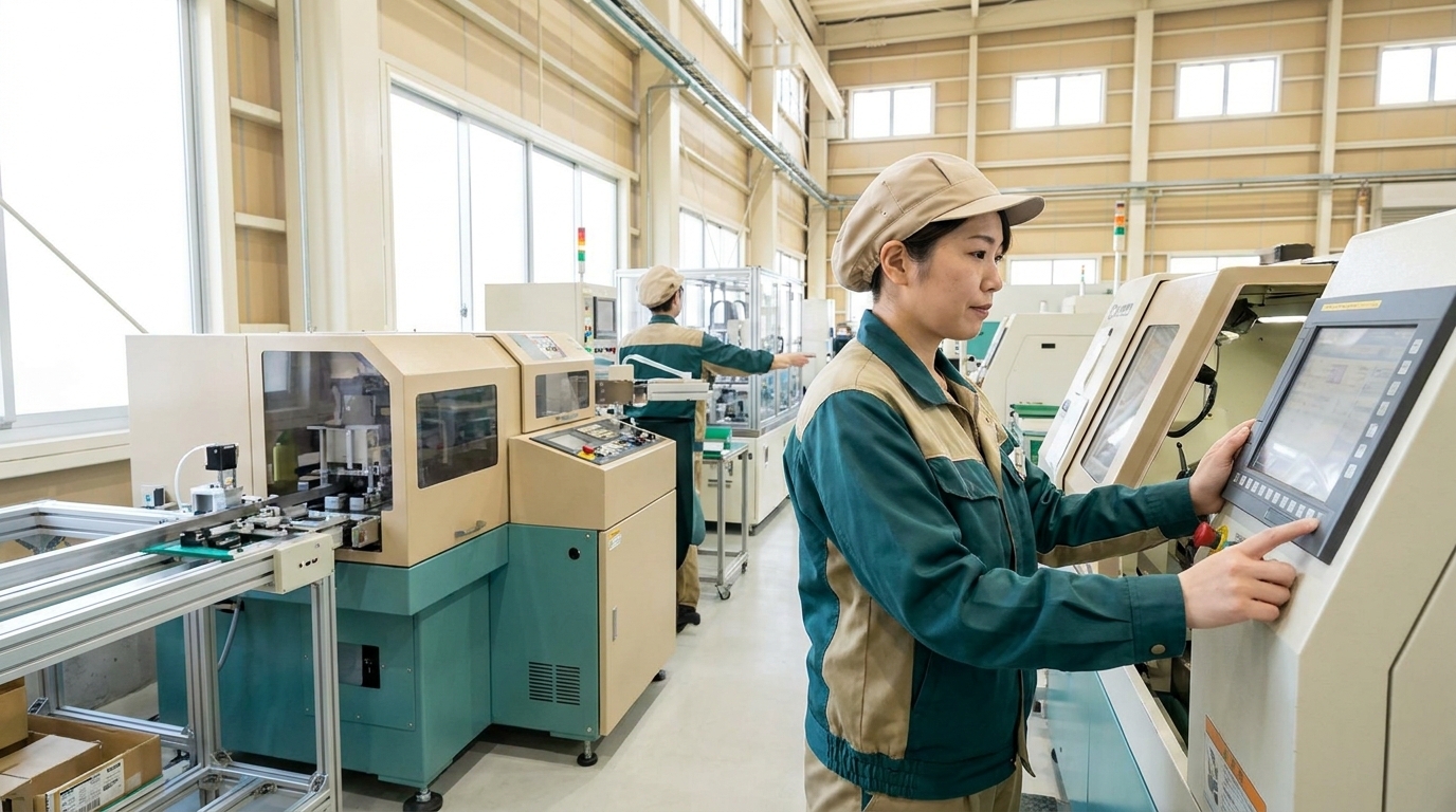 製造現場で複数の工程・機械を扱う多能工の作業者（帽子・作業着）