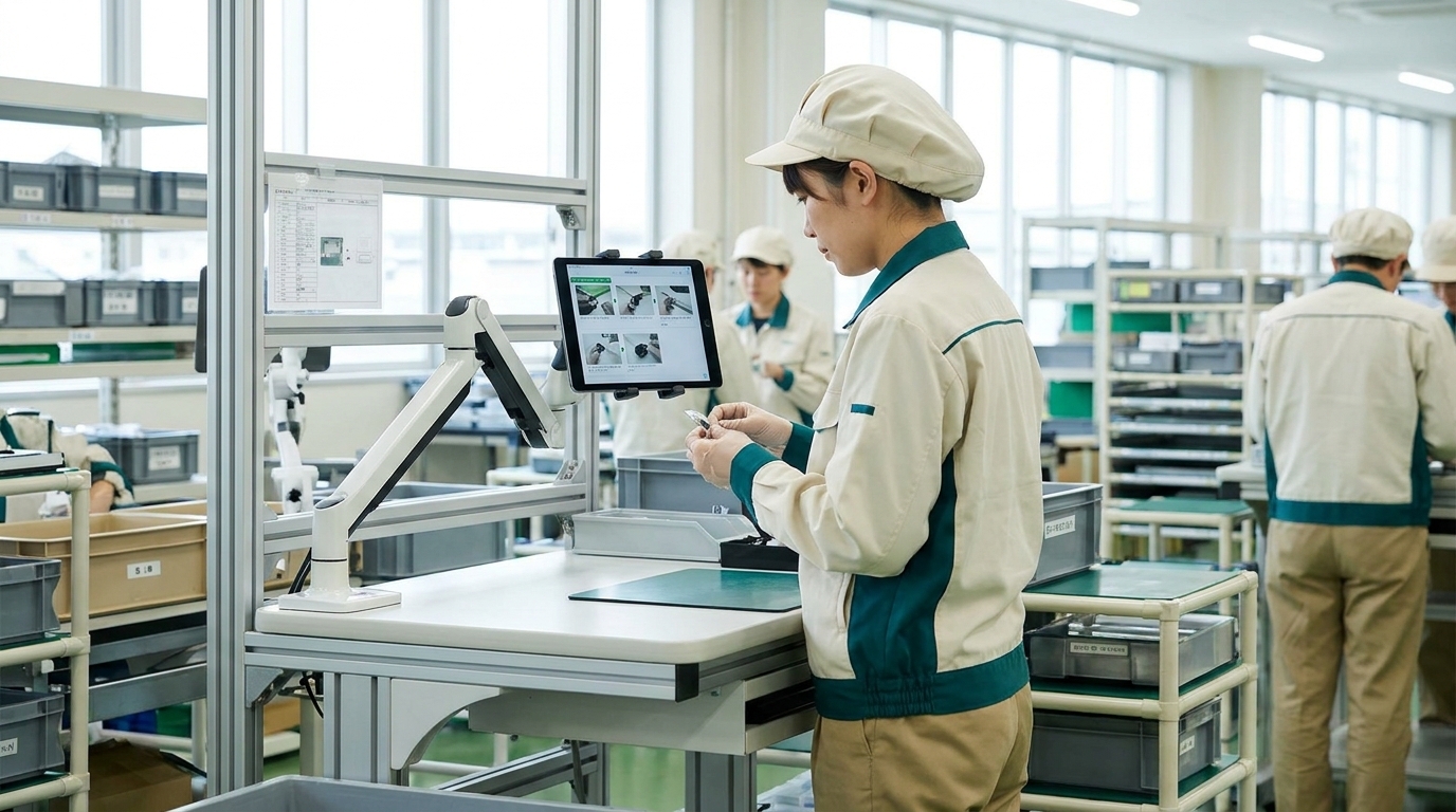 タブレットでSOP（標準作業手順書）を参照しながら作業する製造現場の作業者