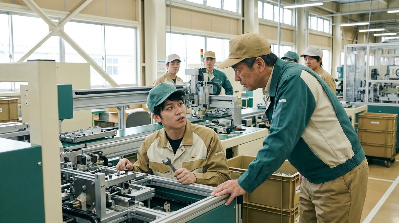 手順がわからず先輩に質問して作業が中断している製造現場