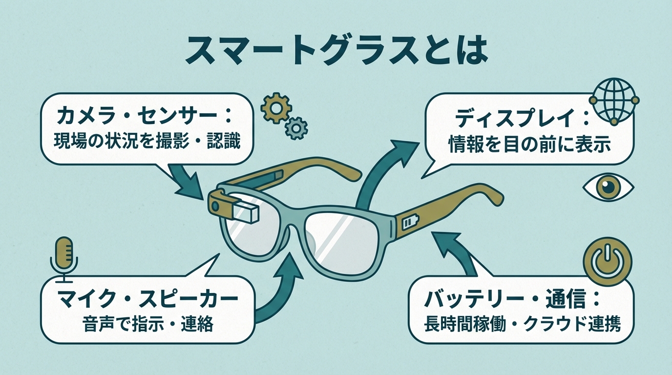 スマートグラスの外観と主な機能を示す図解