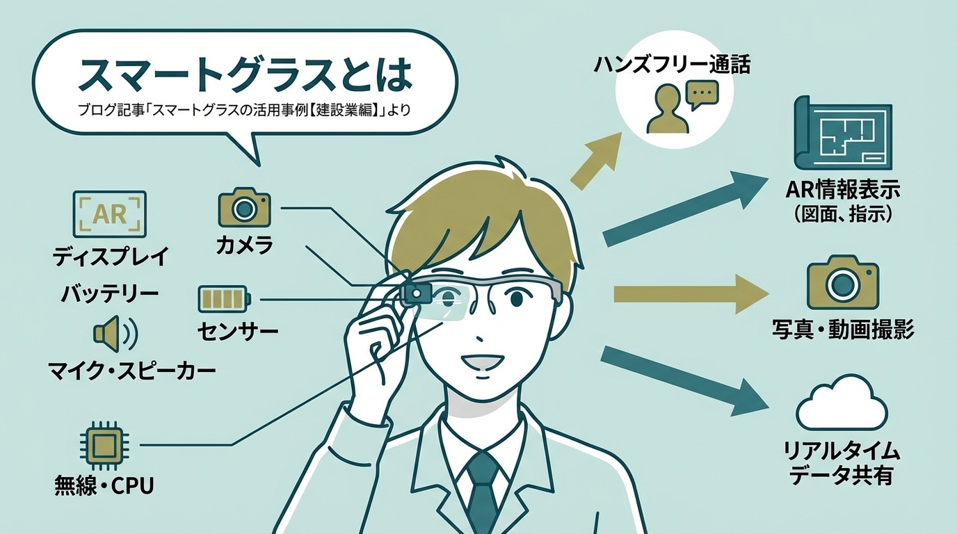 スマートグラスの構造と機能を示す図解