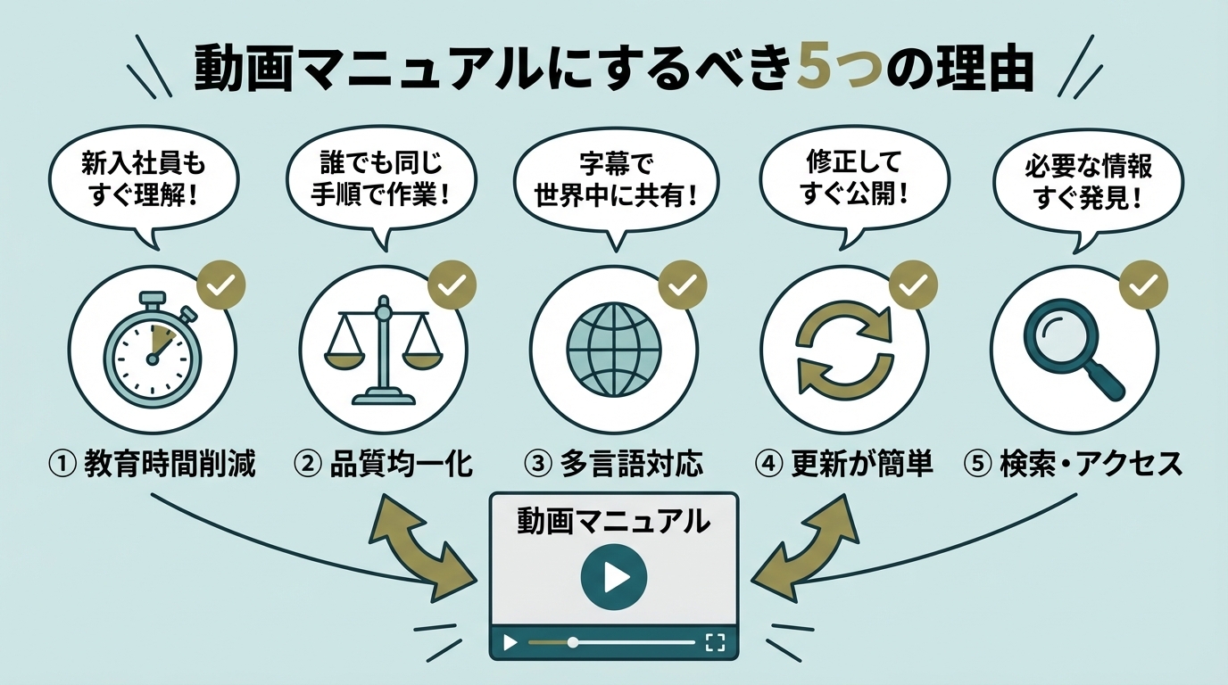 動画マニュアルのメリットを示すアイコンイラスト