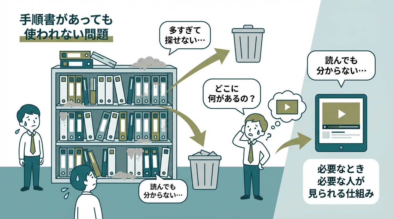 棚に大量のバインダーが並んでいるが誰も手に取らない現場の様子