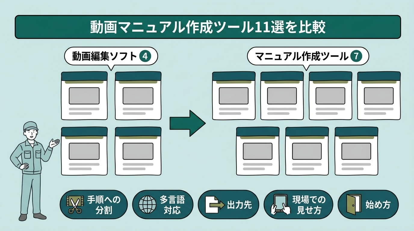 動画マニュアル作成ツール11選を5つの比較軸で比較した図
