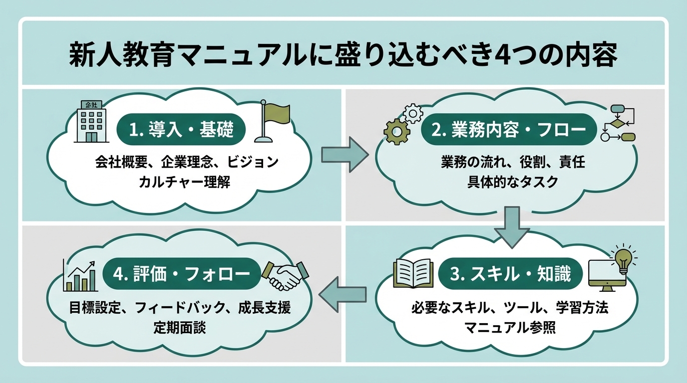 新人教育マニュアルの構成要素を示す図解イメージ