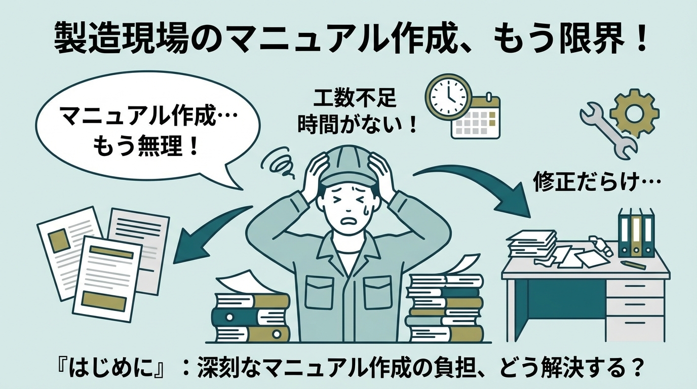 マニュアル作成に追われる製造現場の担当者のイメージ