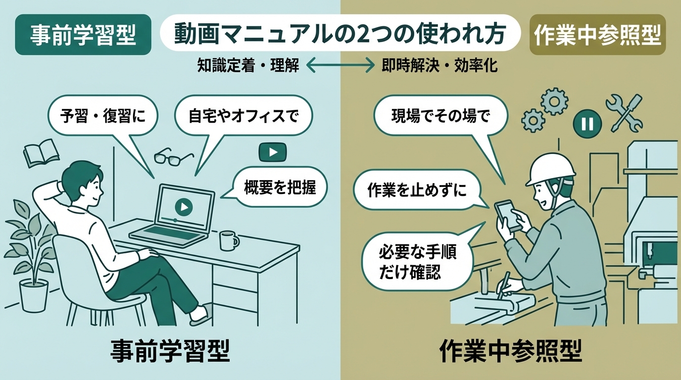 事前学習型と作業中参照型の利用シーンを対比するイラスト