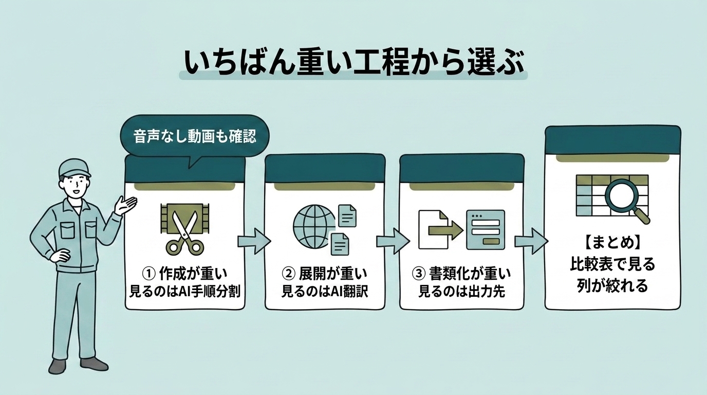 いちばん重い工程から見るべきAI機能を選ぶ3ステップの図