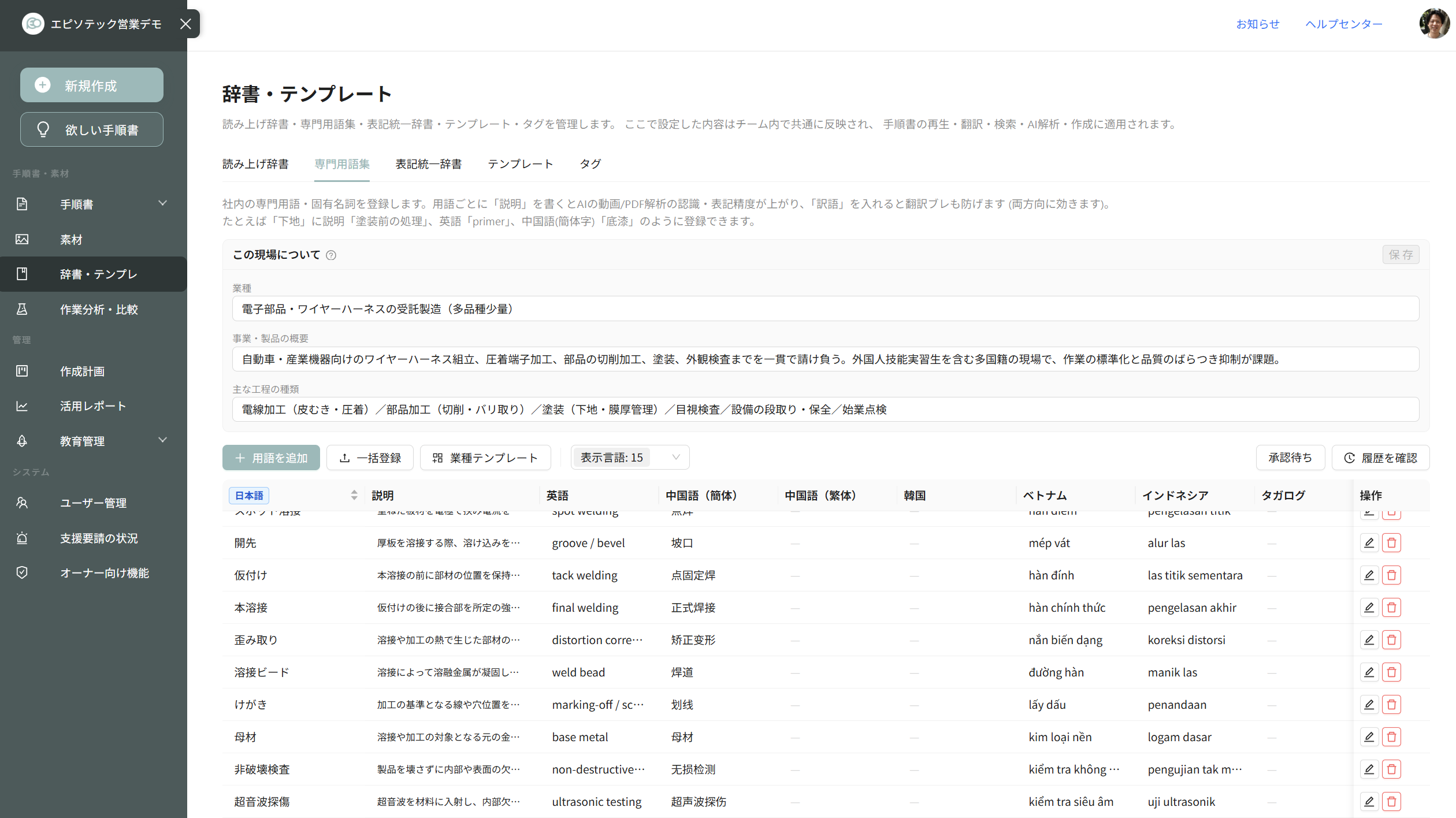 専門用語集タブ（用語と多言語対訳の一括登録）