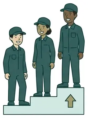 A diverse group of young workers climbing steps
